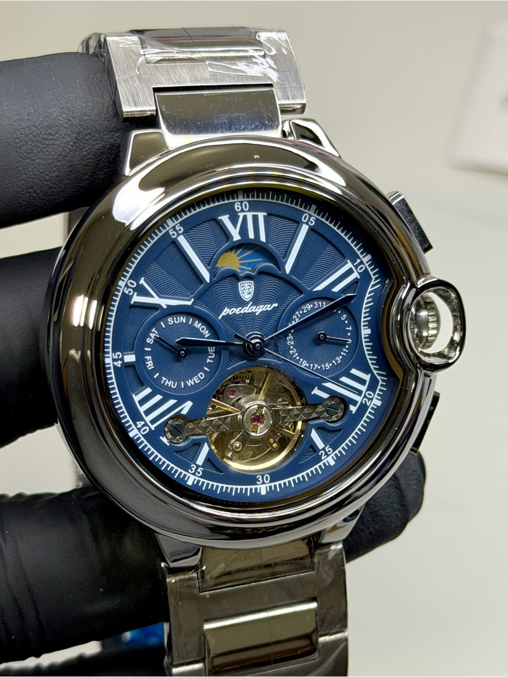 Poedagar Moonphase P1413 Automatic Tourbillon Blue Dial Men’s 48mm Watch